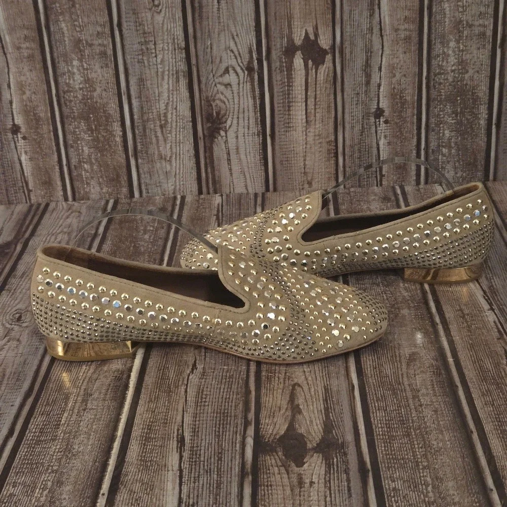 Sz 6 M Donald‎ J Pliner Henley Studded Suede Loafers Tan Gold Silver Shoes VGUC